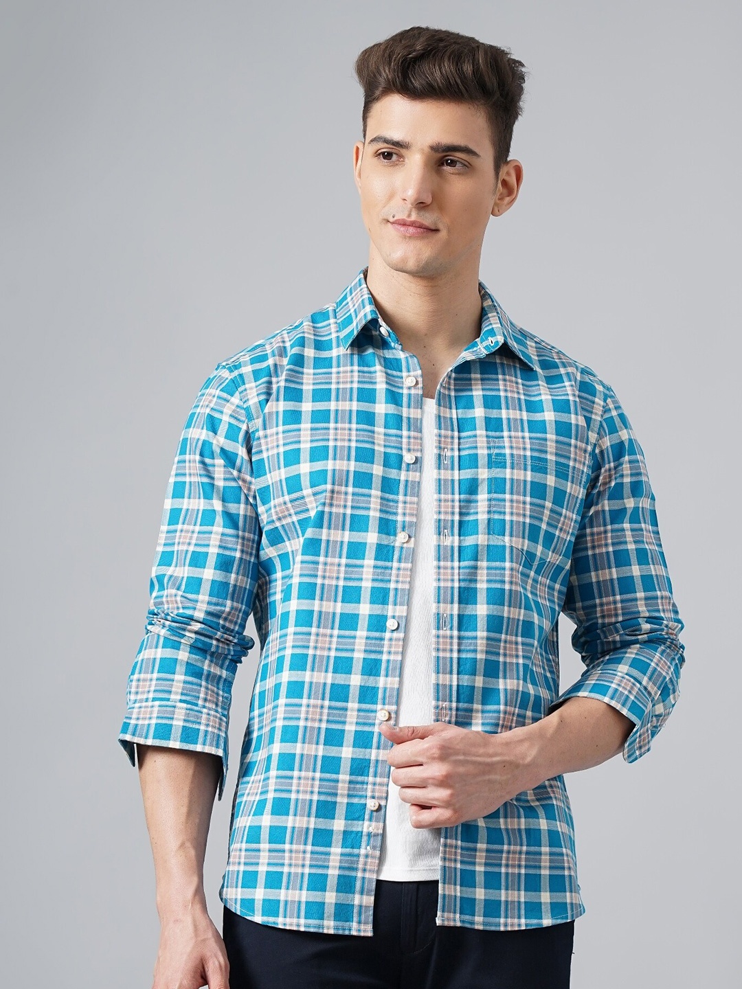 

British Club Slim Fit Tartan Checked Spread Collar Long Sleeves Cotton Casual Shirt, Blue