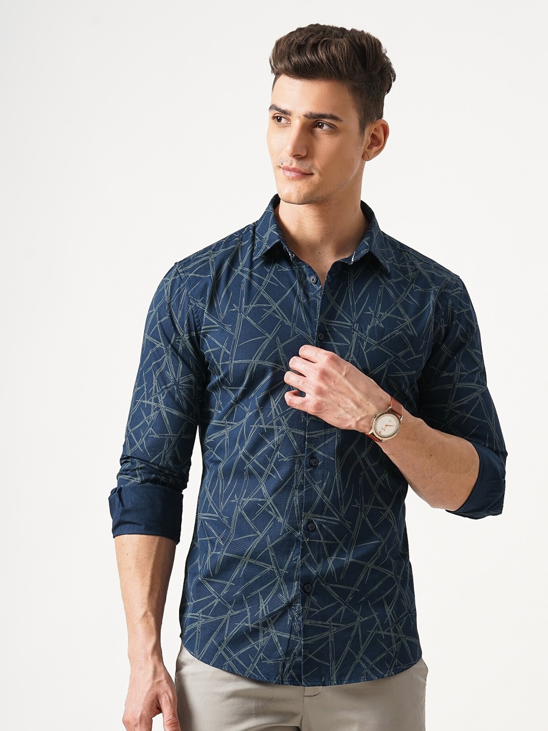 

British Club Classic Slim Fit Abstract Printed Cotton Casual Shirt, Navy blue