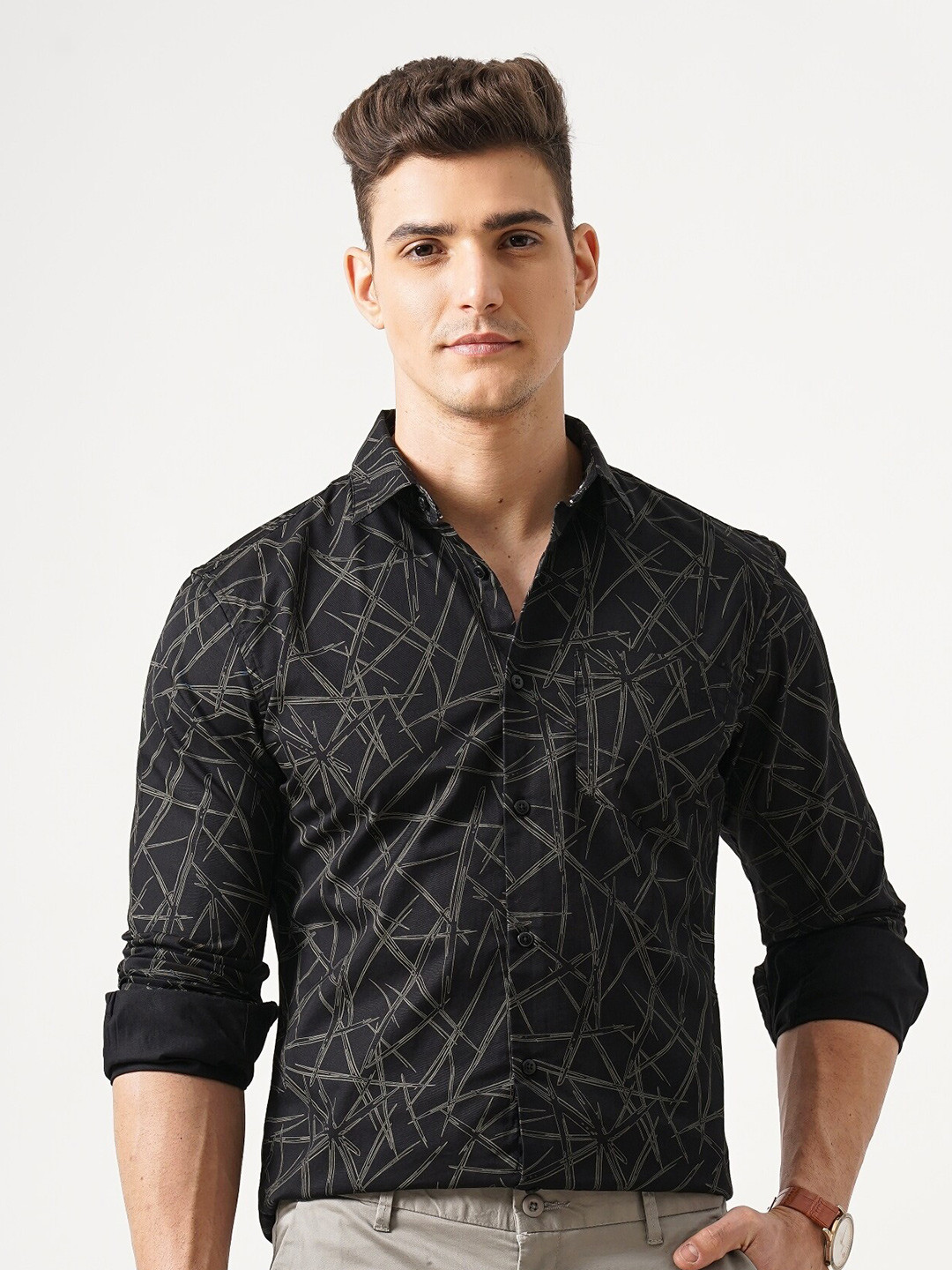 

British Club Classic Slim Fit Printed Button-Down Collar Long Sleeves Cotton Casual Shirt, Black