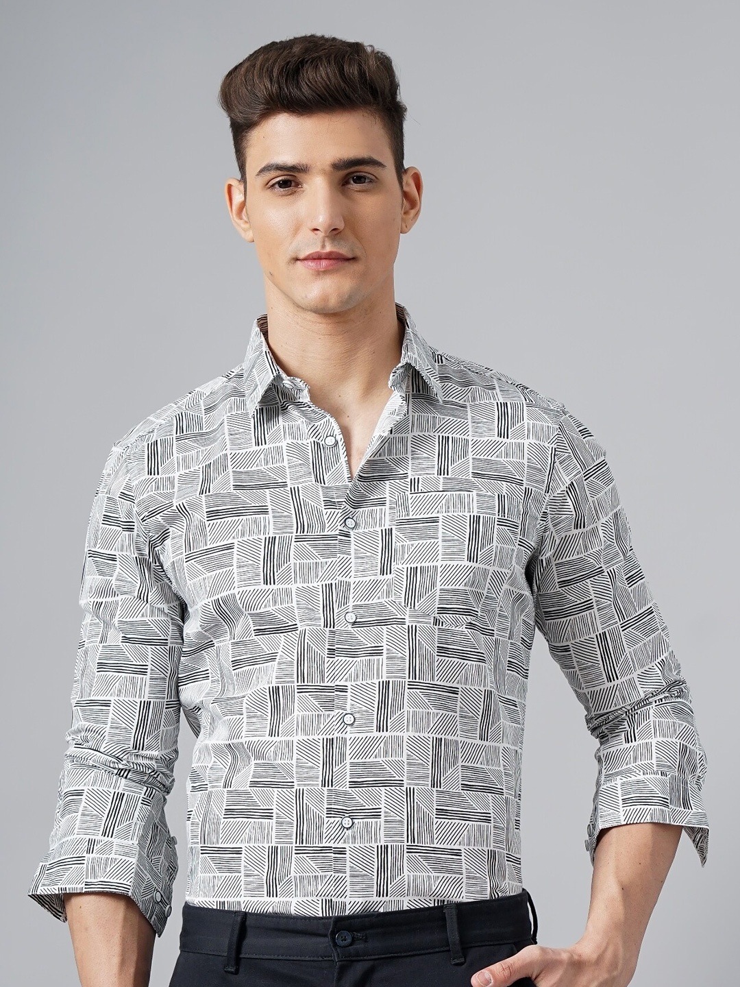 

British Club Classic Slim Fit Geometric Printed Cotton Casual Shirt, White