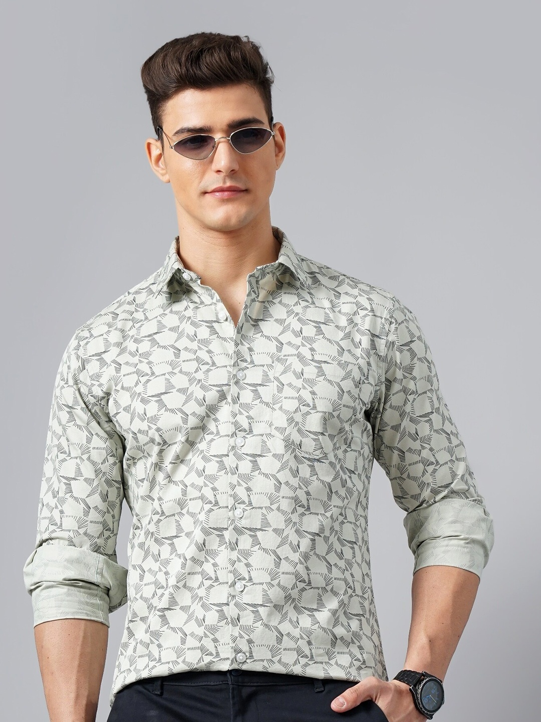 

British Club Classic Slim Fit Abstract Printed Cotton Casual Shirt, Green