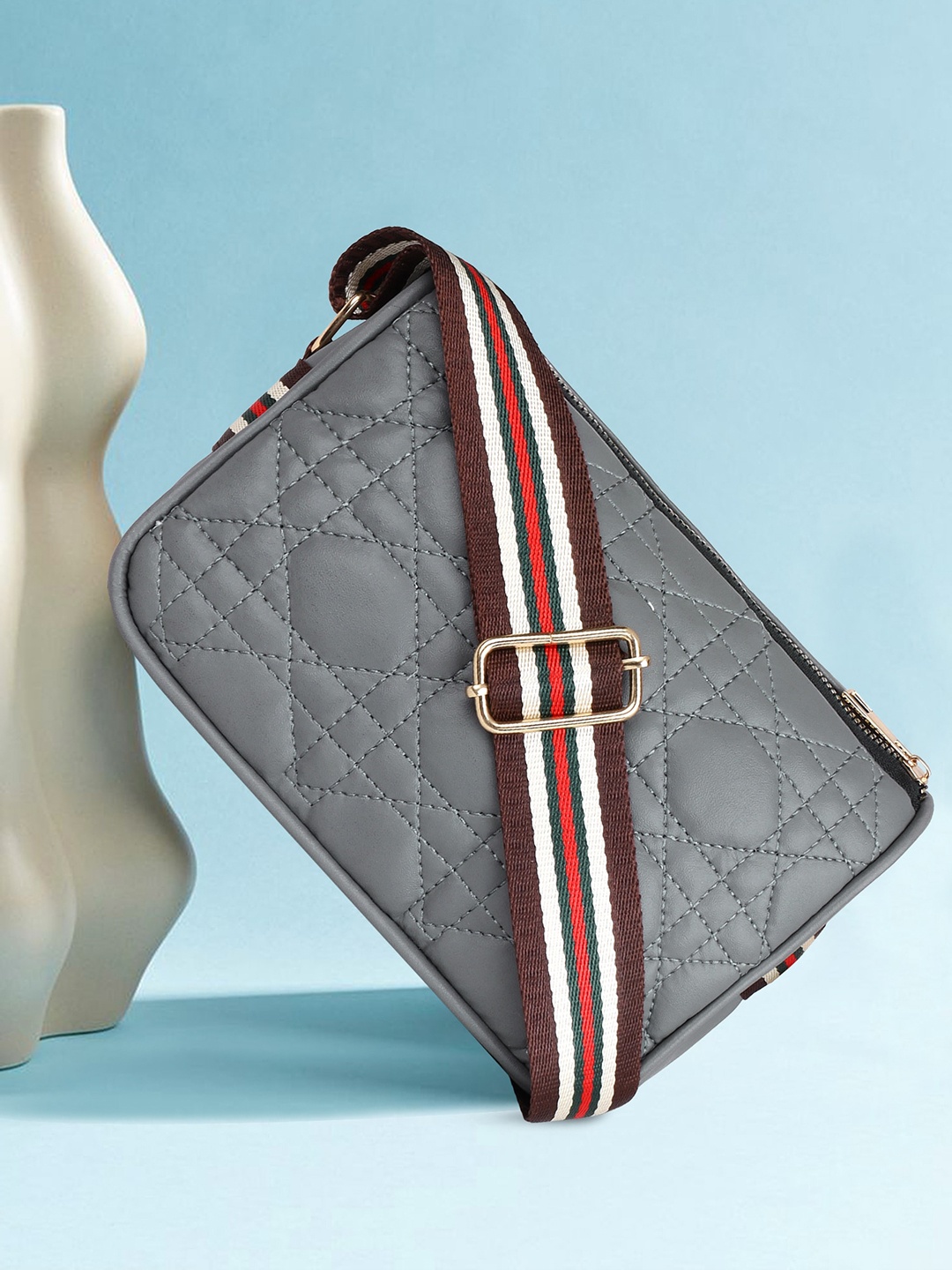 

OsaiZ Printed Textured Structured Sling Bag with Quilted, Grey