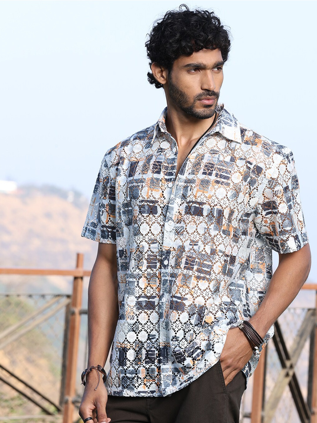 

The Roadster Lifestyle Co. Grey Premium Crochet Semi Sheer Oversized Shirt