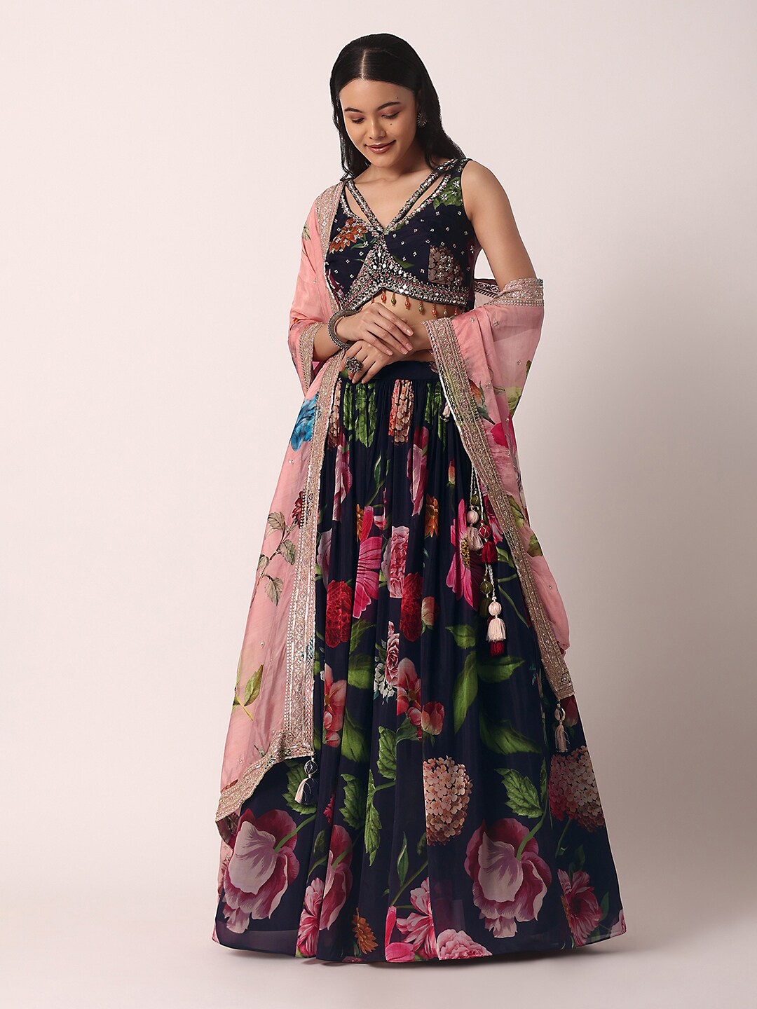 

KALKI Fashion Floral Printed Ready to Wear Silk Lehenga & Blouse With Dupatta, Blue