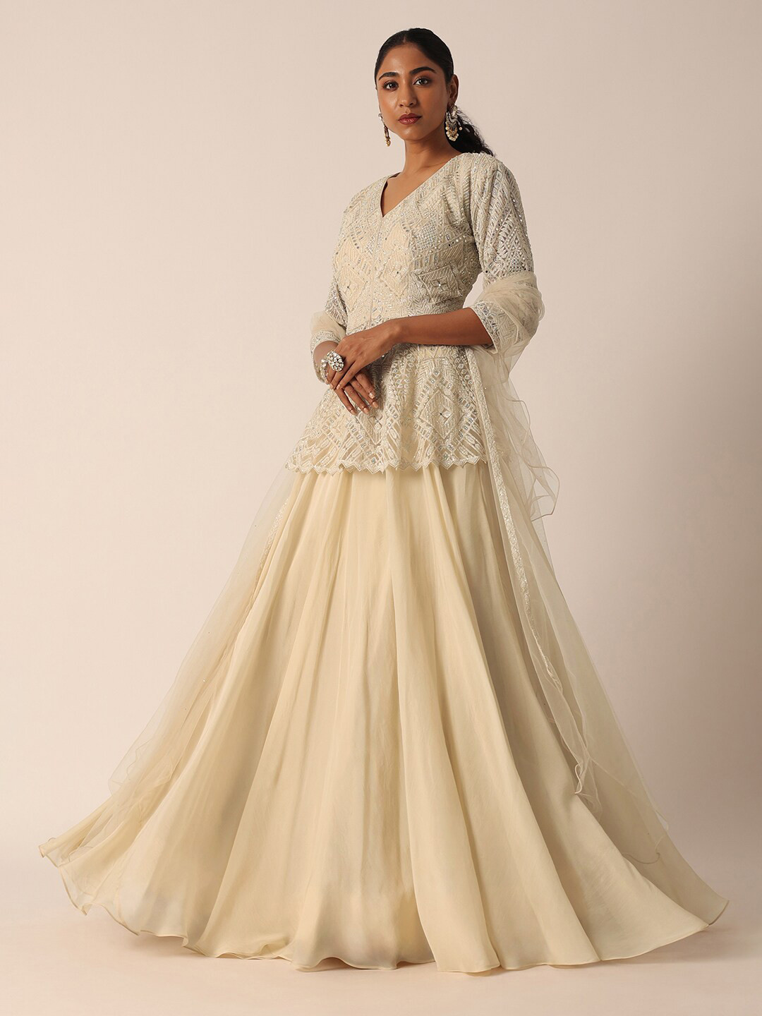 

KALKI Fashion Embroidered Sequinned Ready to Wear Lehenga & Blouse With Dupatta, Beige