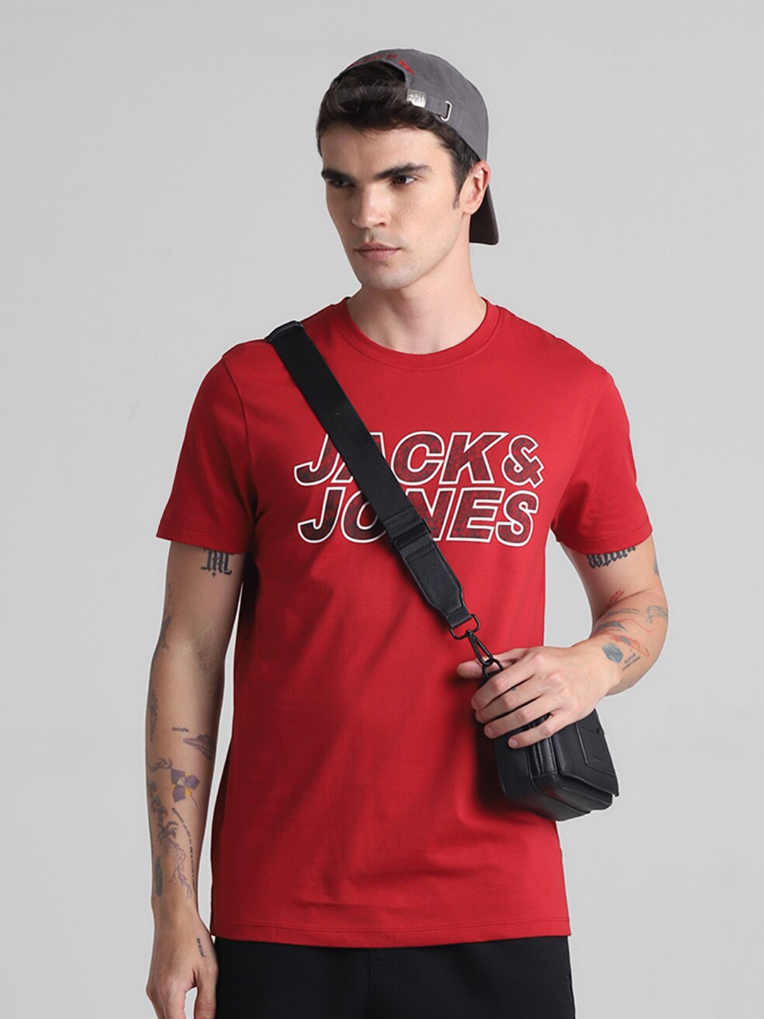 Jack & Jones Typography Printed Cotton Slim Fit T-shirt, Red