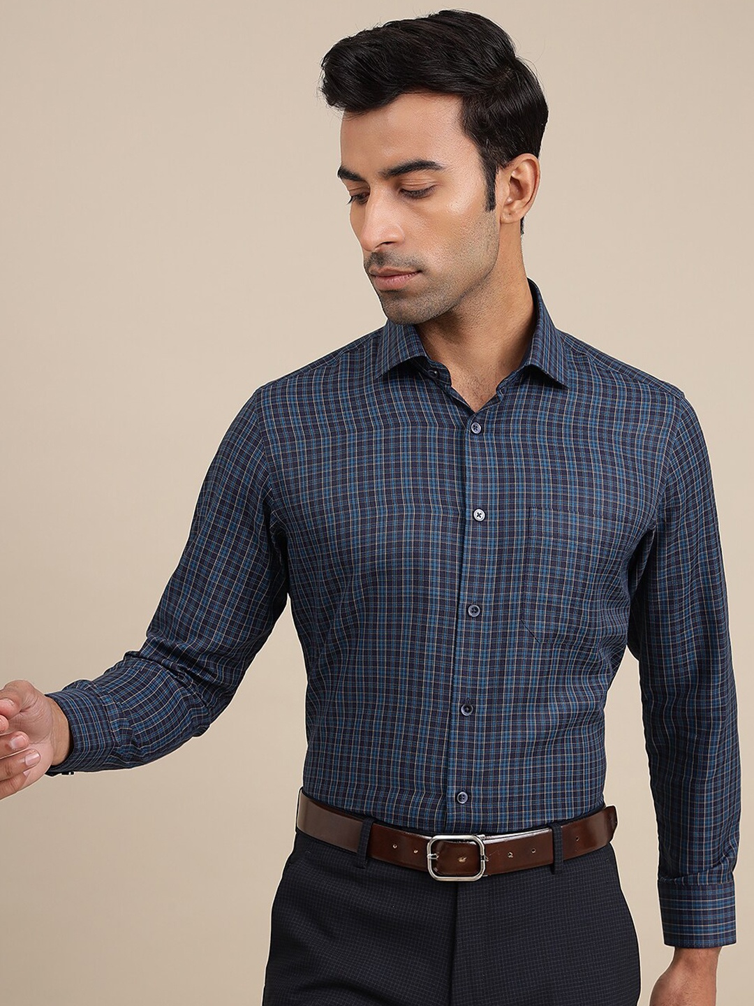 

Greenfibre Slim Fit Grid Tattersall Checks Opaque Checked Cotton Formal Shirt, Navy blue