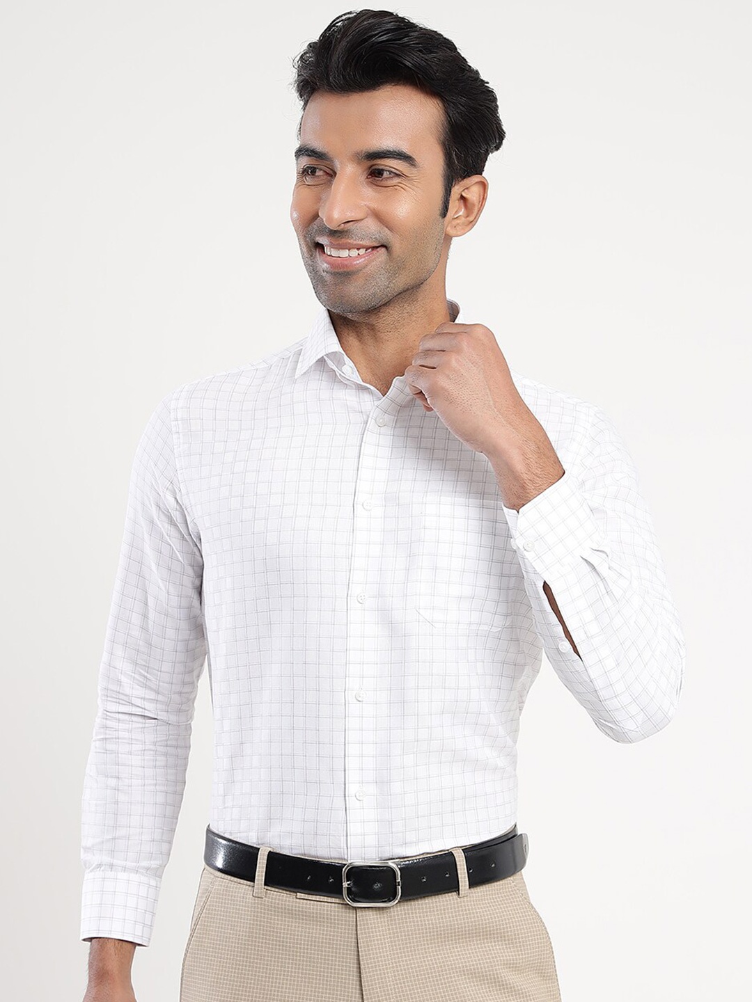 

Greenfibre Slim Fit Grid Tattersall Checked Formal Shirt, Off white