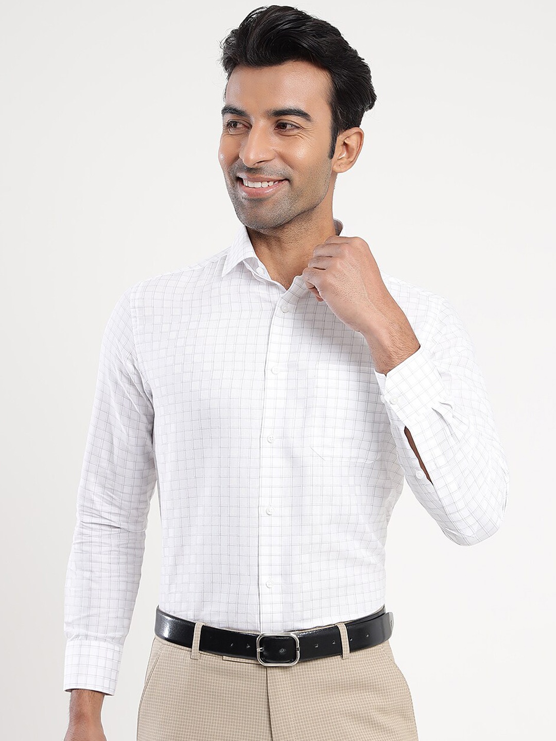 

Greenfibre Slim Fit Grid Tattersall Checked Formal Shirt, Off white