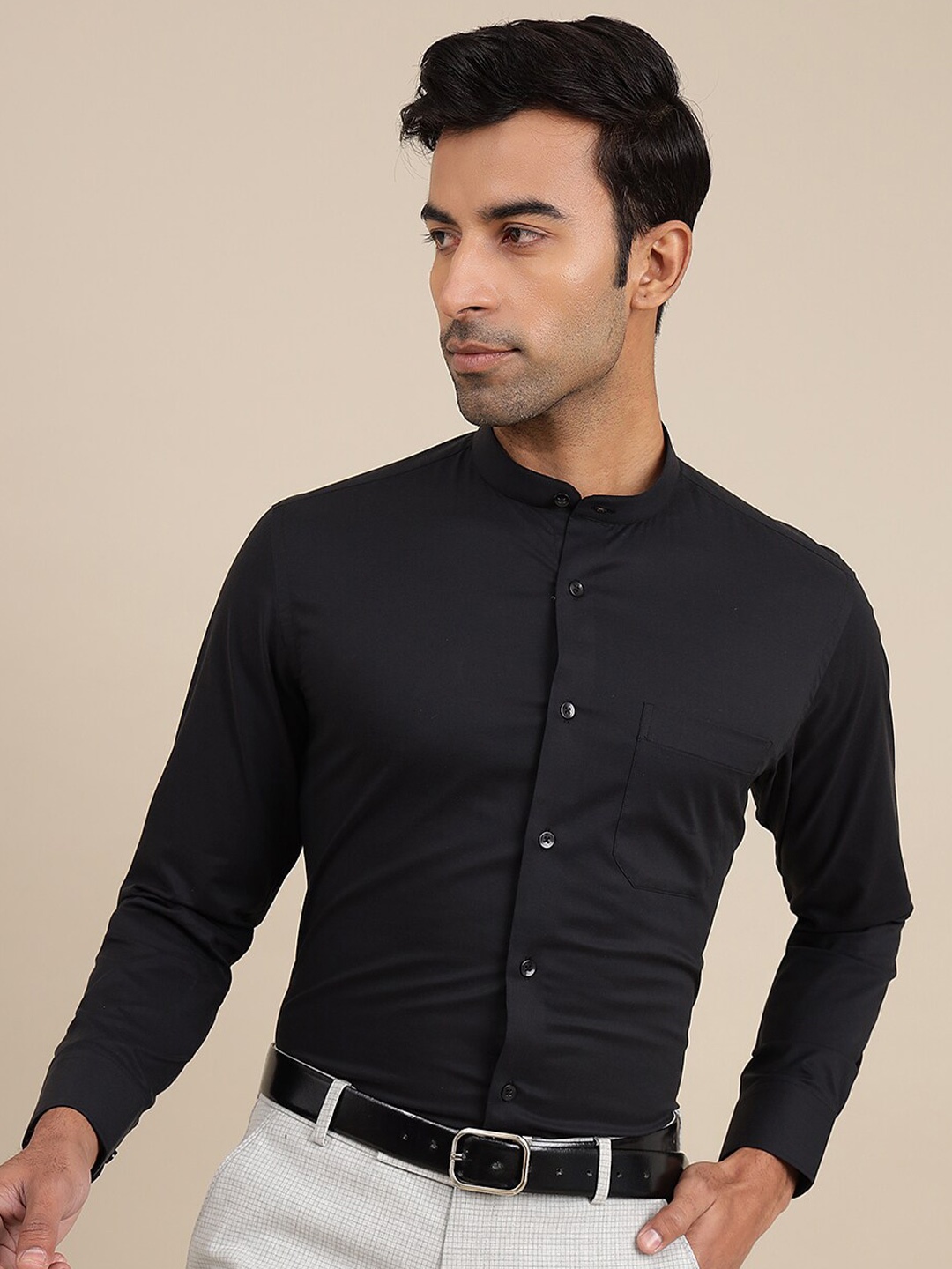 

METAL Slim Fit Mandarin Collar Knitted Weave Pure Cotton Formal Shirt, Black