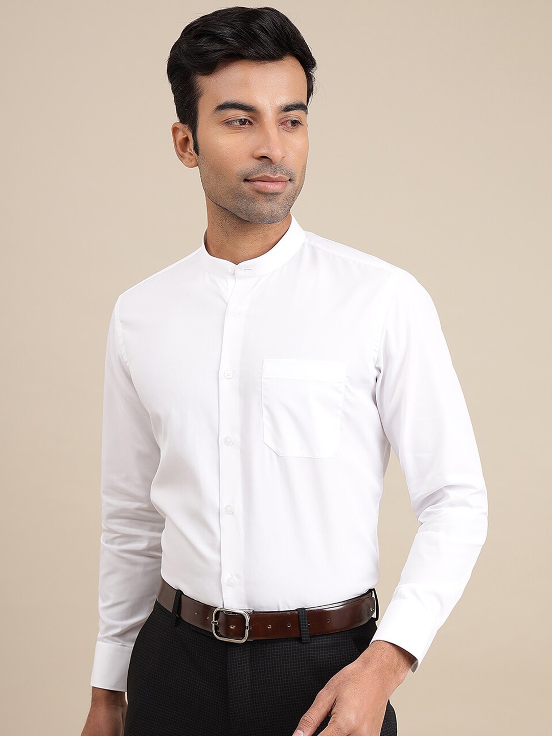 

METAL Slim Fit Mandarin Collar Knitted Weave Pure Cotton Formal Shirt, White