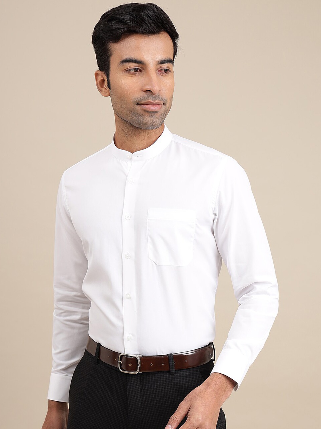 

METAL Slim Fit Mandarin Collar Knitted Weave Pure Cotton Formal Shirt, White