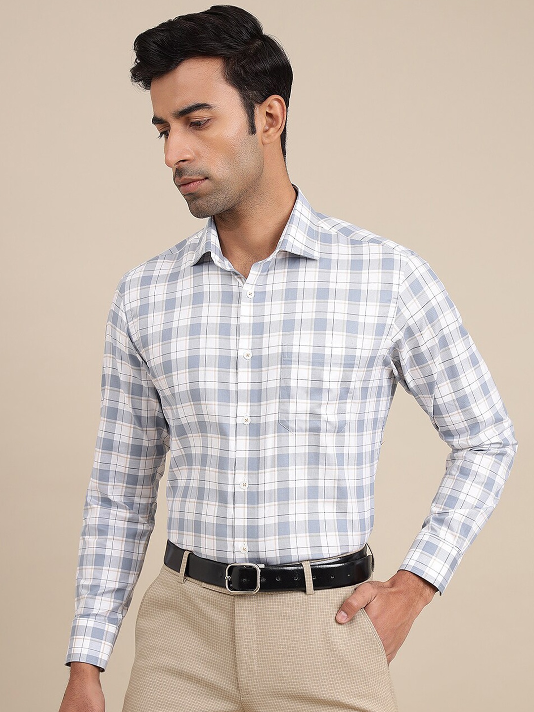 

METAL Slim Fit Tartan Checked Knitted Weave Pure Cotton Formal Shirt, White