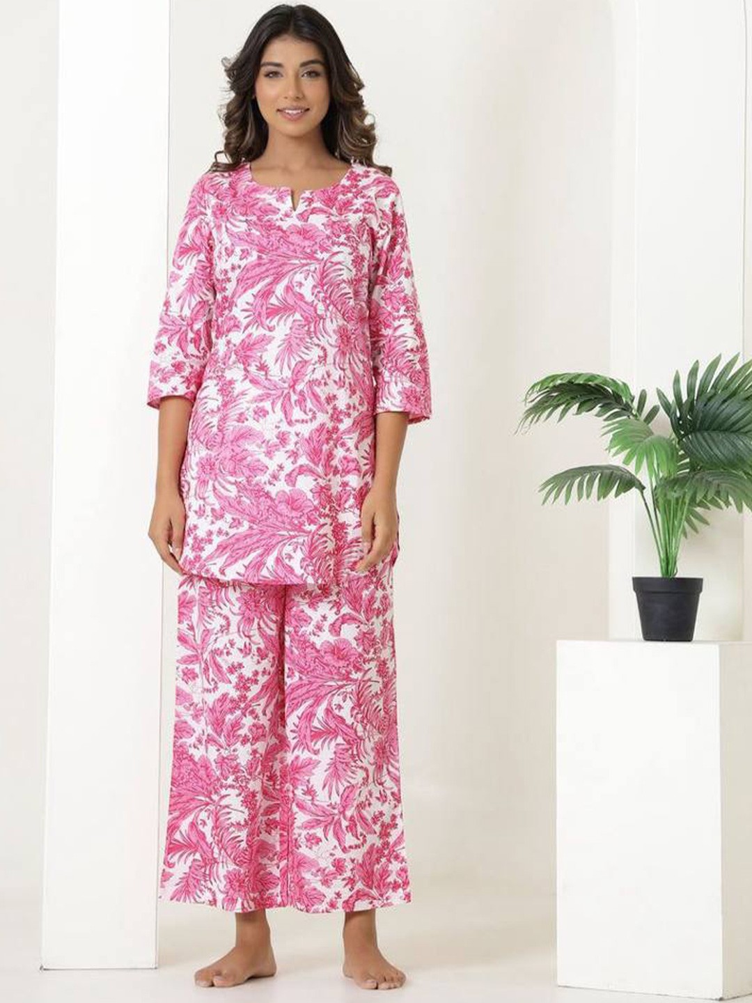 

PERFECTBLUE Floral Printed Cotton Tunic & Palazzos Co-Ords, White