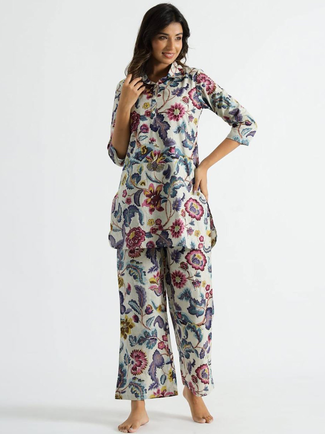 

PERFECTBLUE Floral Printed Cotton Tunic & Palazzos Co-Ords, White