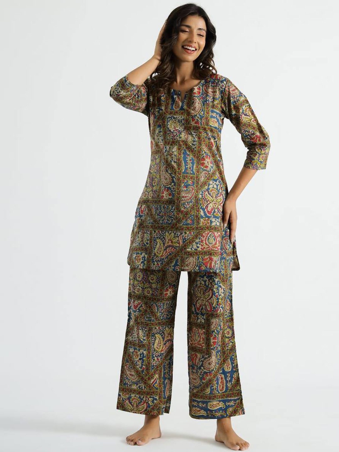 

PERFECTBLUE Printed Cotton Tunic & Palazzos Co-Ords, Green