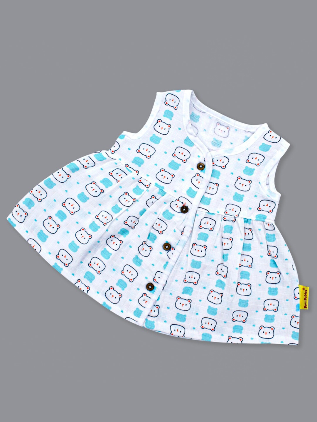 

Born Babies Girls Conversational Printed V-Neck Sleeveless Organic Cotton A-Line Dress, Blue