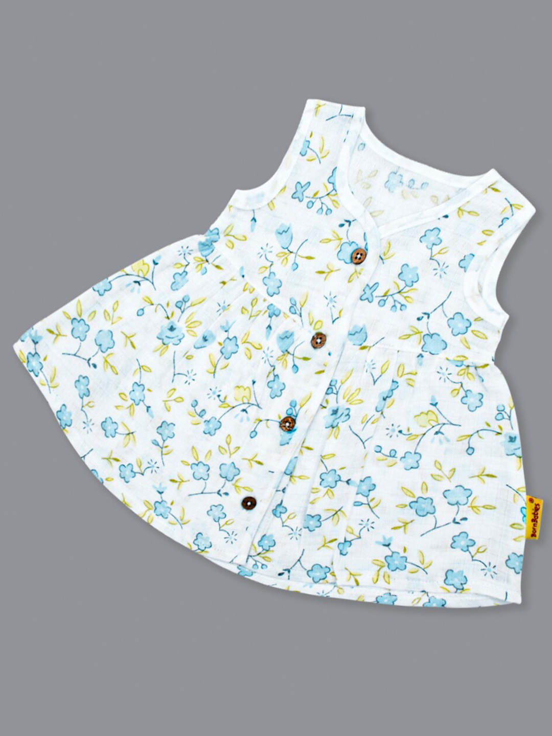 

Born Babies Infant Girls Floral Printed Gathered Organic Cotton A-Line Dress, White