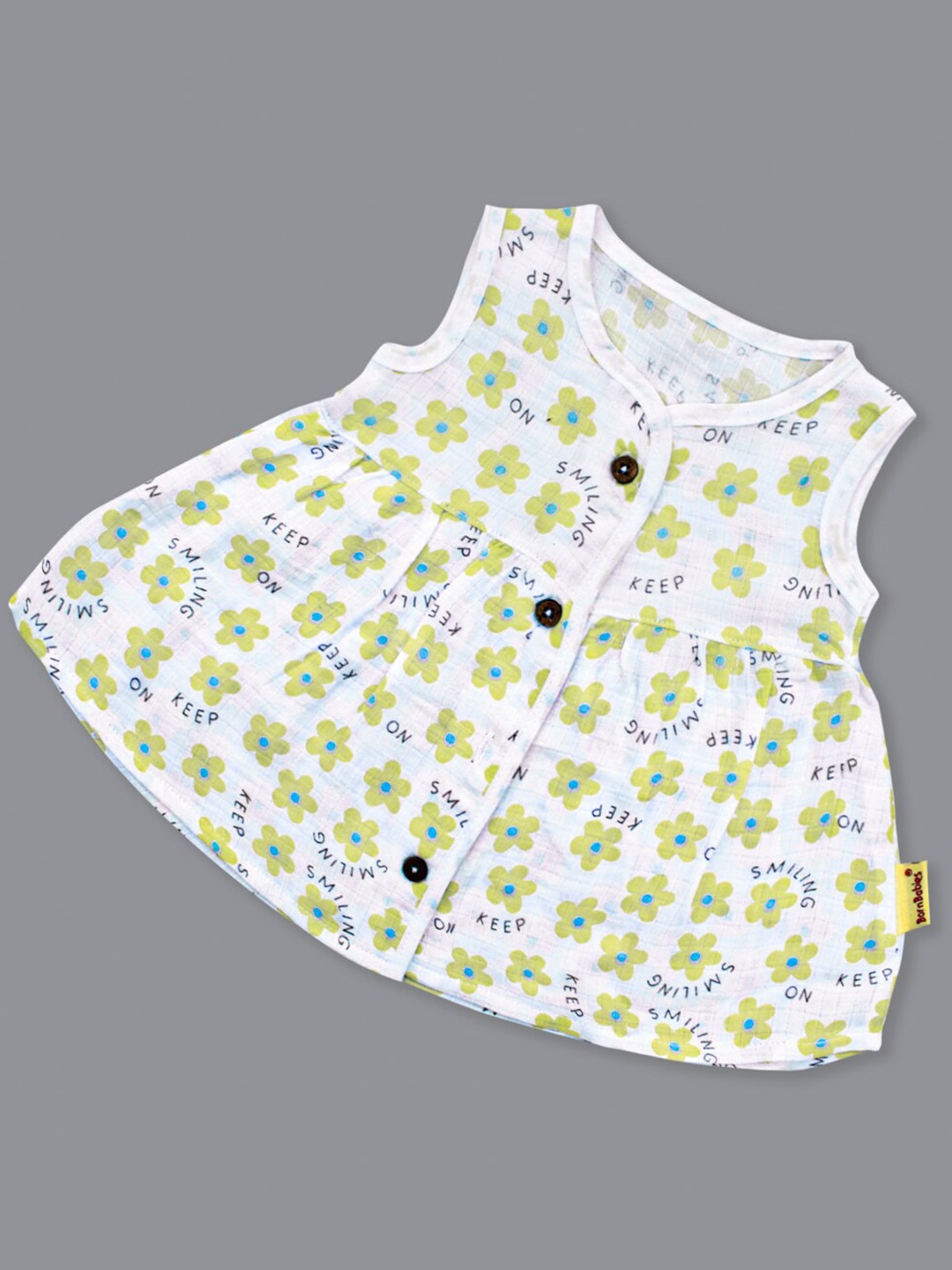 Born Babies Infant Girls Floral Printed Gathered Organic Cotton A-Line Dress, White