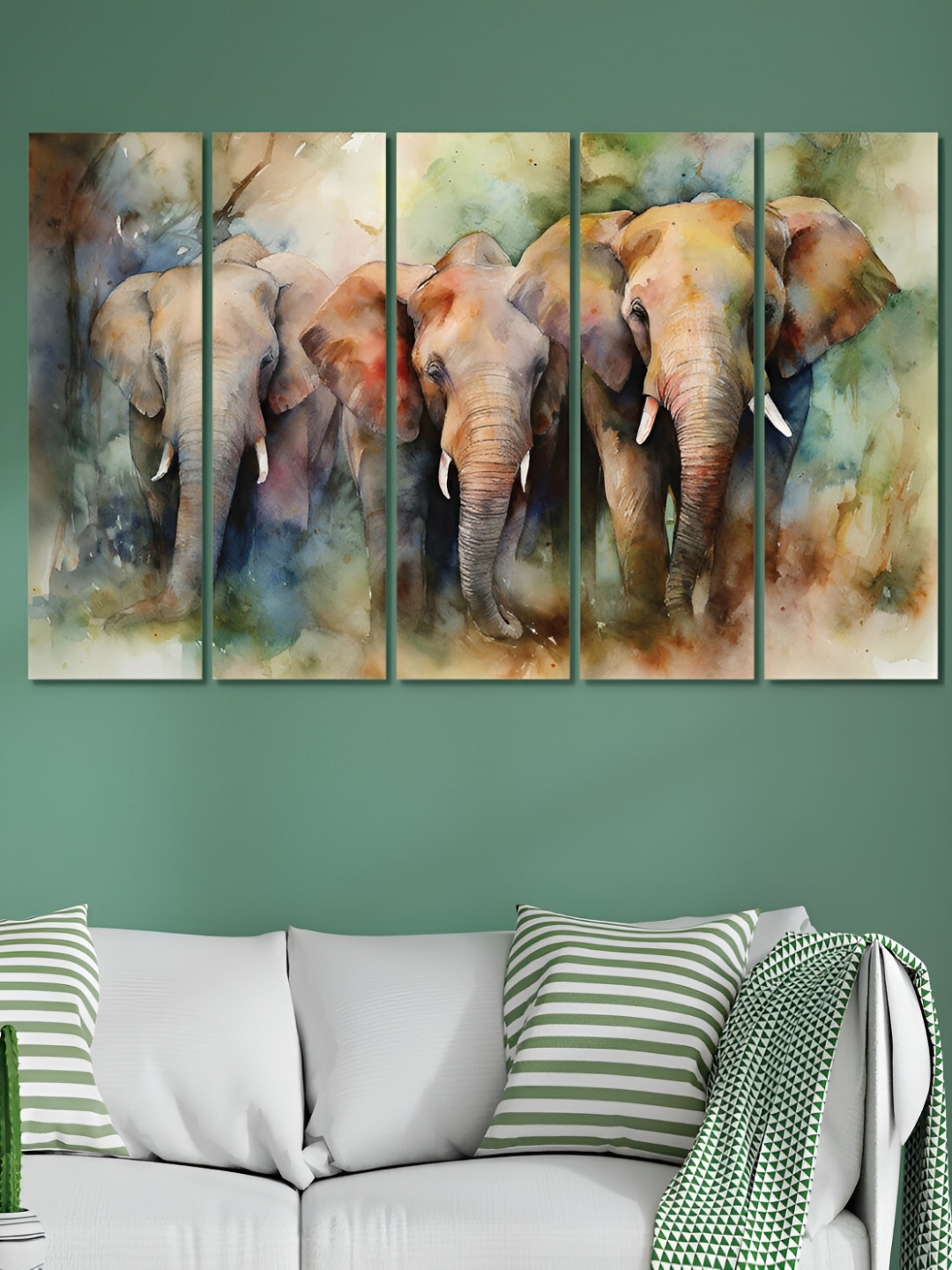 

OLIVE TREE Brown & Blue 5 Pieces Elephants Wooden Painting Wall Arts