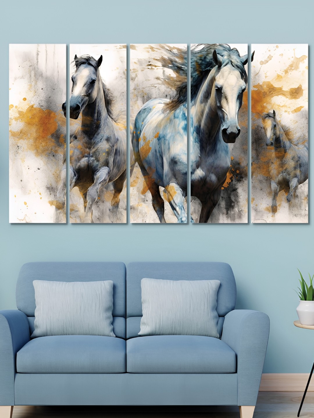 

OLIVE TREE White & Blue 5 Pieces Running Horses Wooden Painting Wall Arts