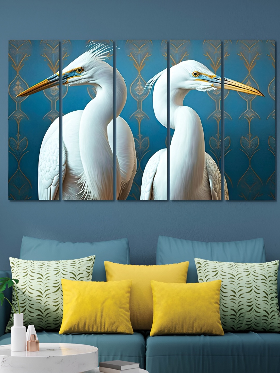 

OLIVE TREE Blue & White 5 Pieces Birds and Animals Wooden Painting Wall Arts