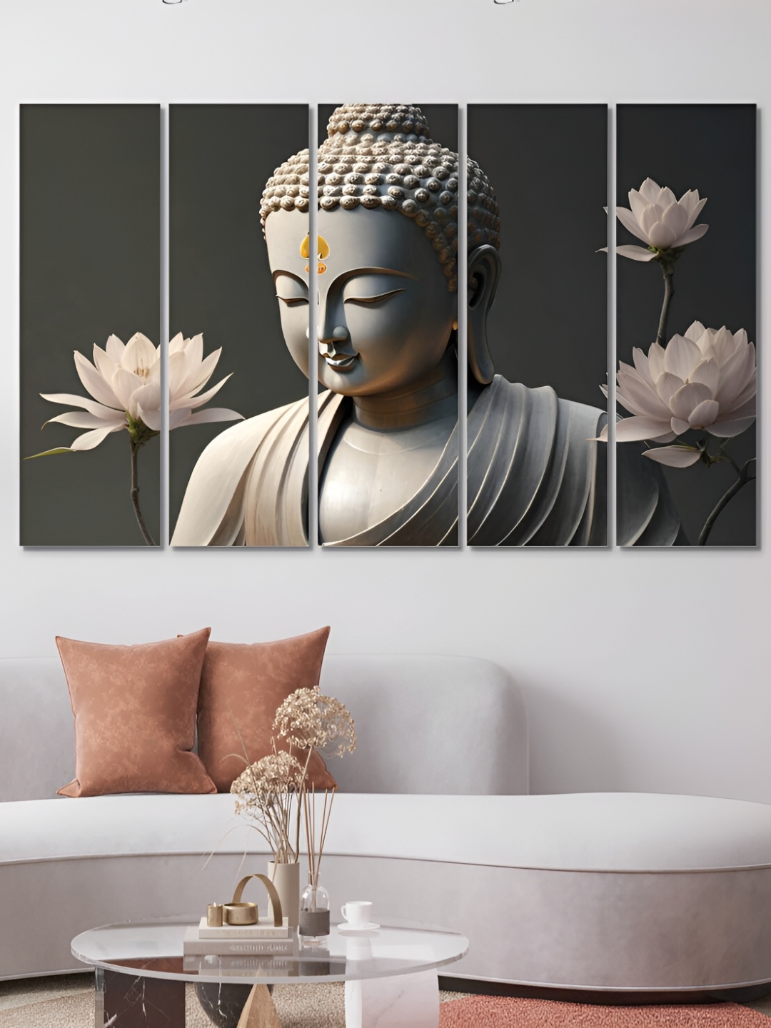 

OLIVE TREE Black & White 5 Pieces Buddha Religious Wooden Painting Wall Arts