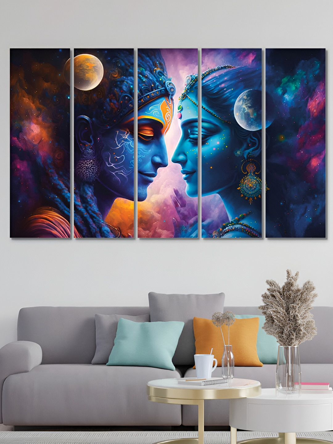 

OLIVE TREE Blue & Orange 5 Pieces Radha Krishna Religious Wooden Painting Wall Arts