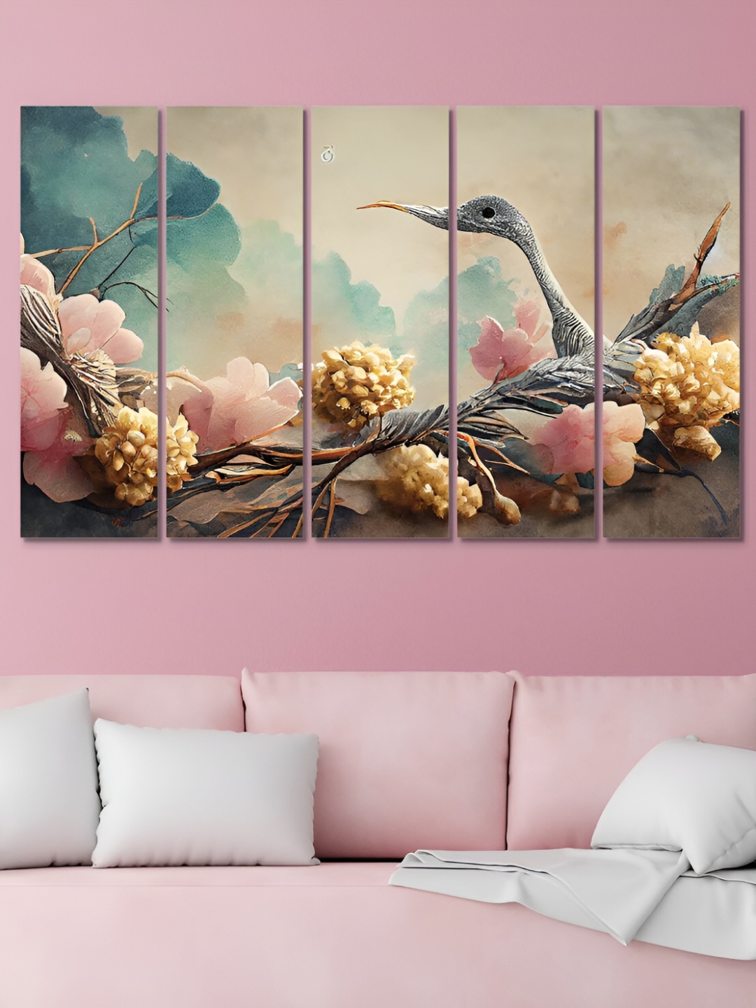 

OLIVE TREE Pink & Blue 5 Piece Bird On Tree Wooden Painting Wall Arts