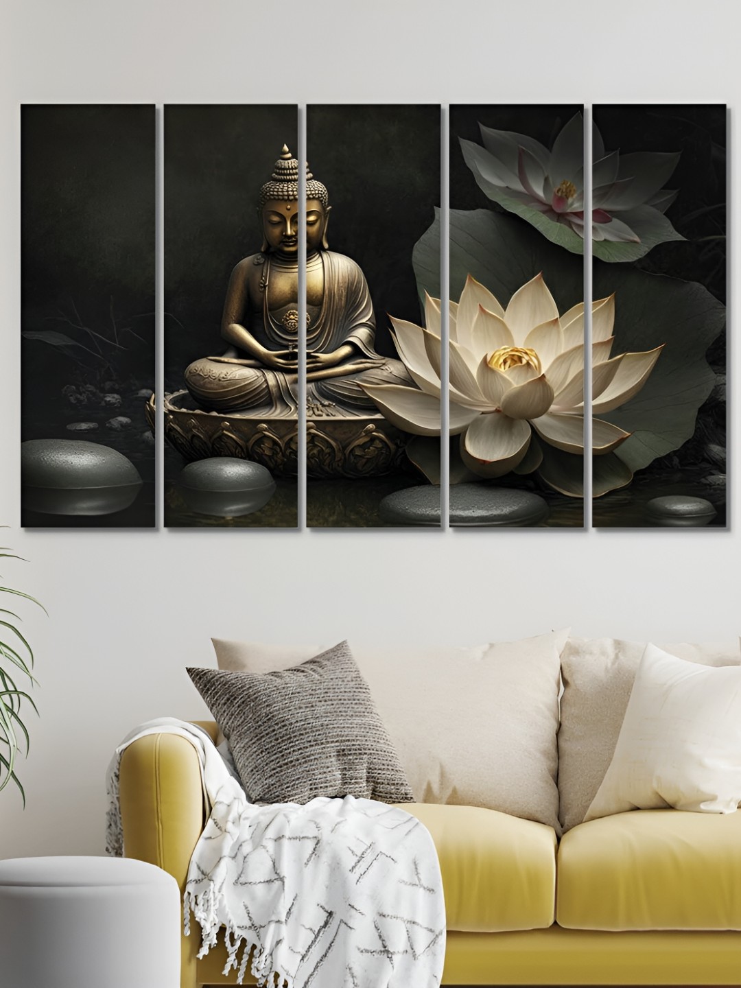 

OLIVE TREE Black & Green 5 Pieces Buddha Religious Wooden Painting Wall Arts