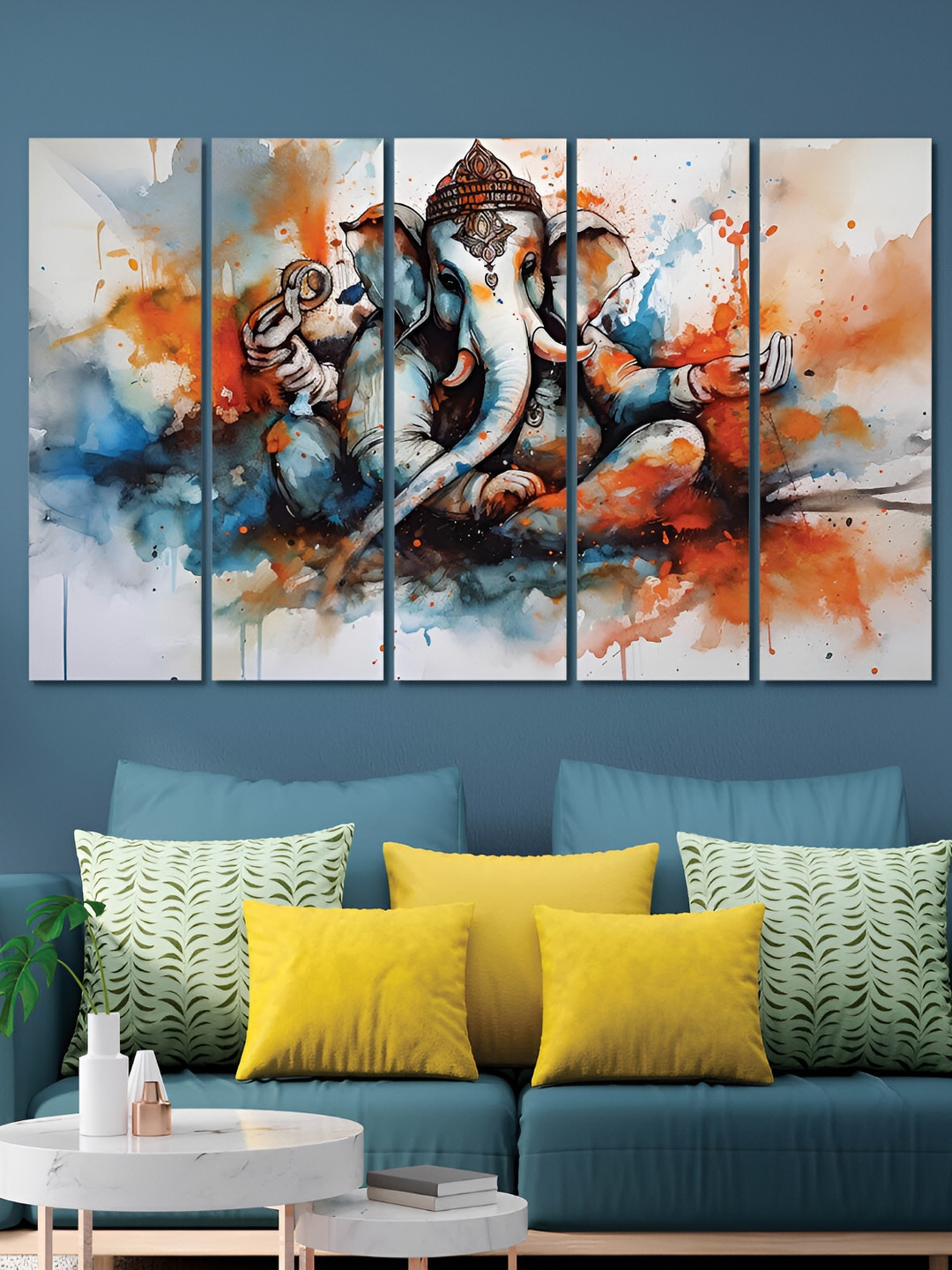 

OLIVE TREE White & Blue 5 Pieces Lord Ganesha Religious Wooden Painting Wall Arts