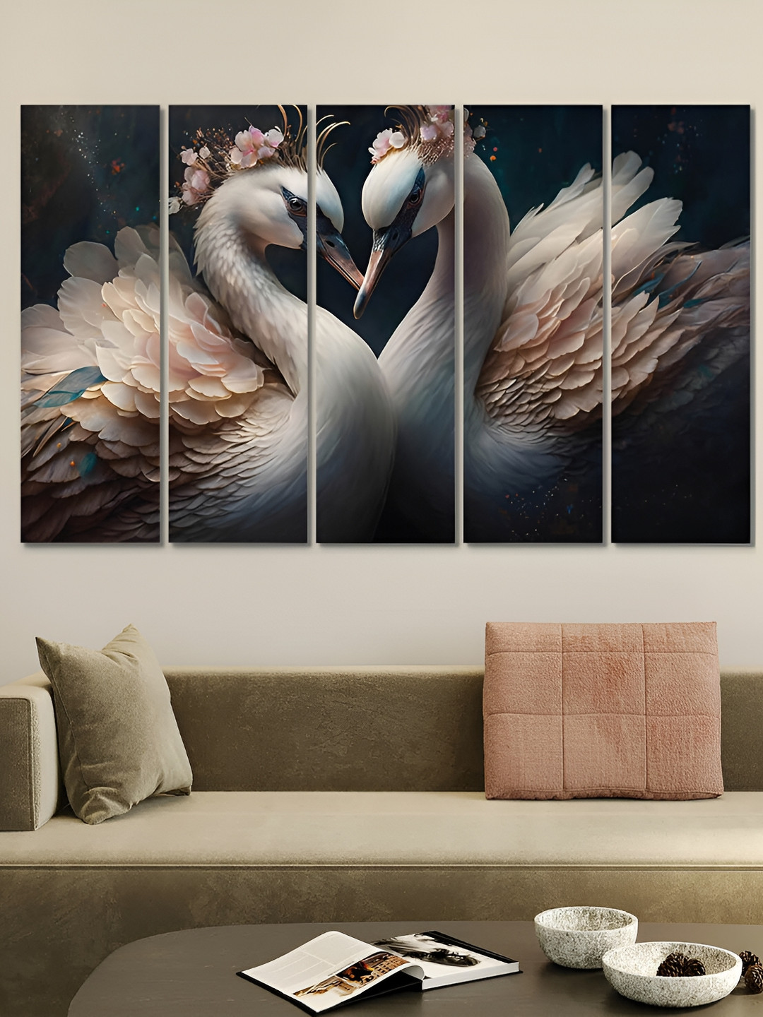 

OLIVE TREE White & Pink 5 Pieces Birds Wooden Painting Wall Arts