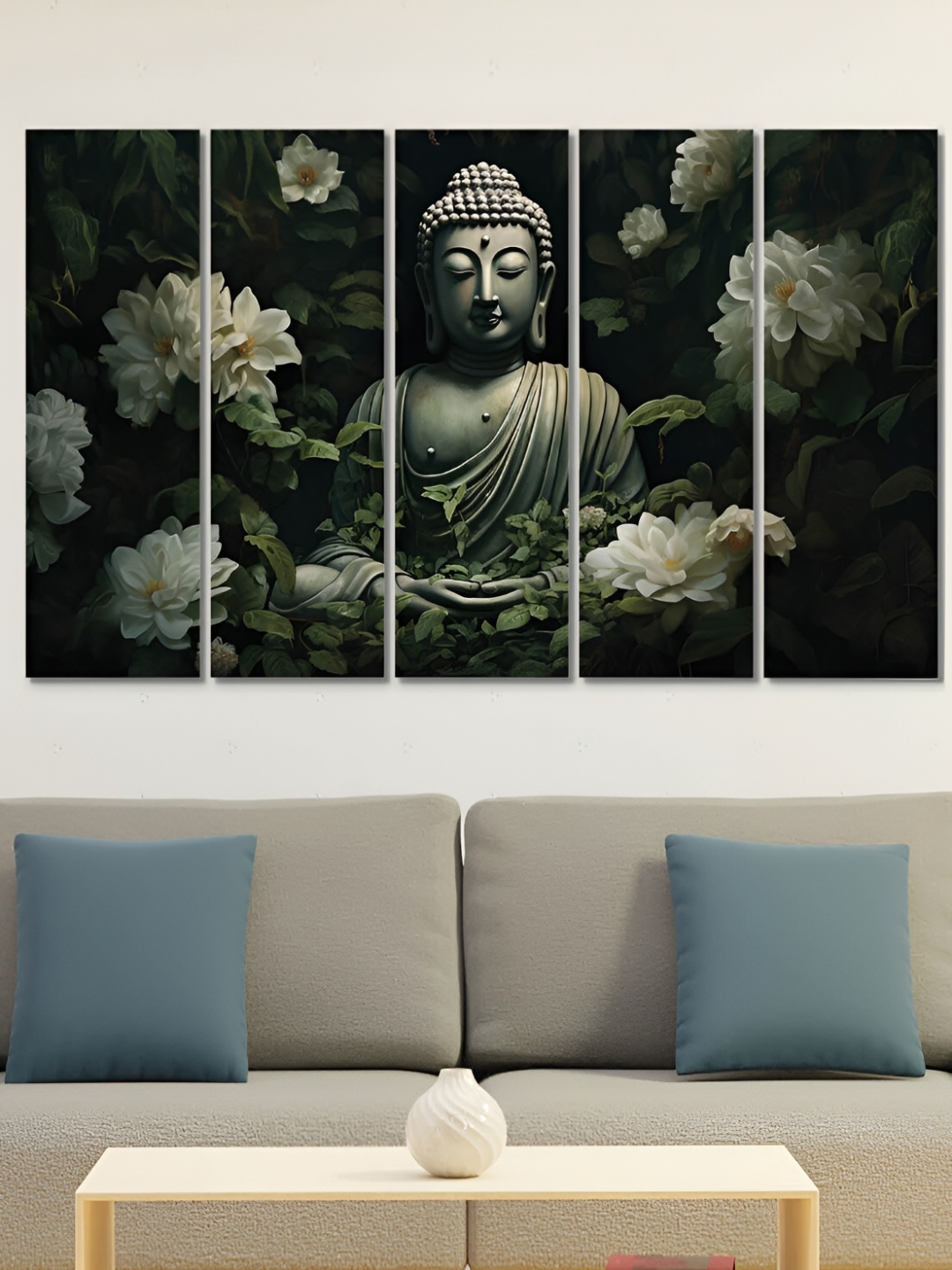 

OLIVE TREE Black & Green 5 Pieces Buddha Religious Wooden Painting Wall Arts