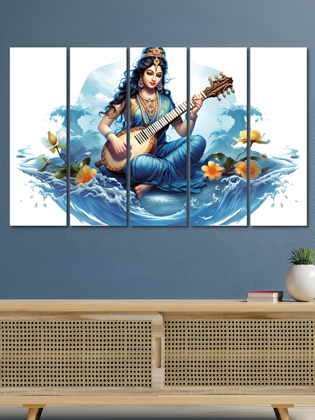 

OLIVE TREE Blue & White 5 Piece Wooden Religious Painting Wall Arts