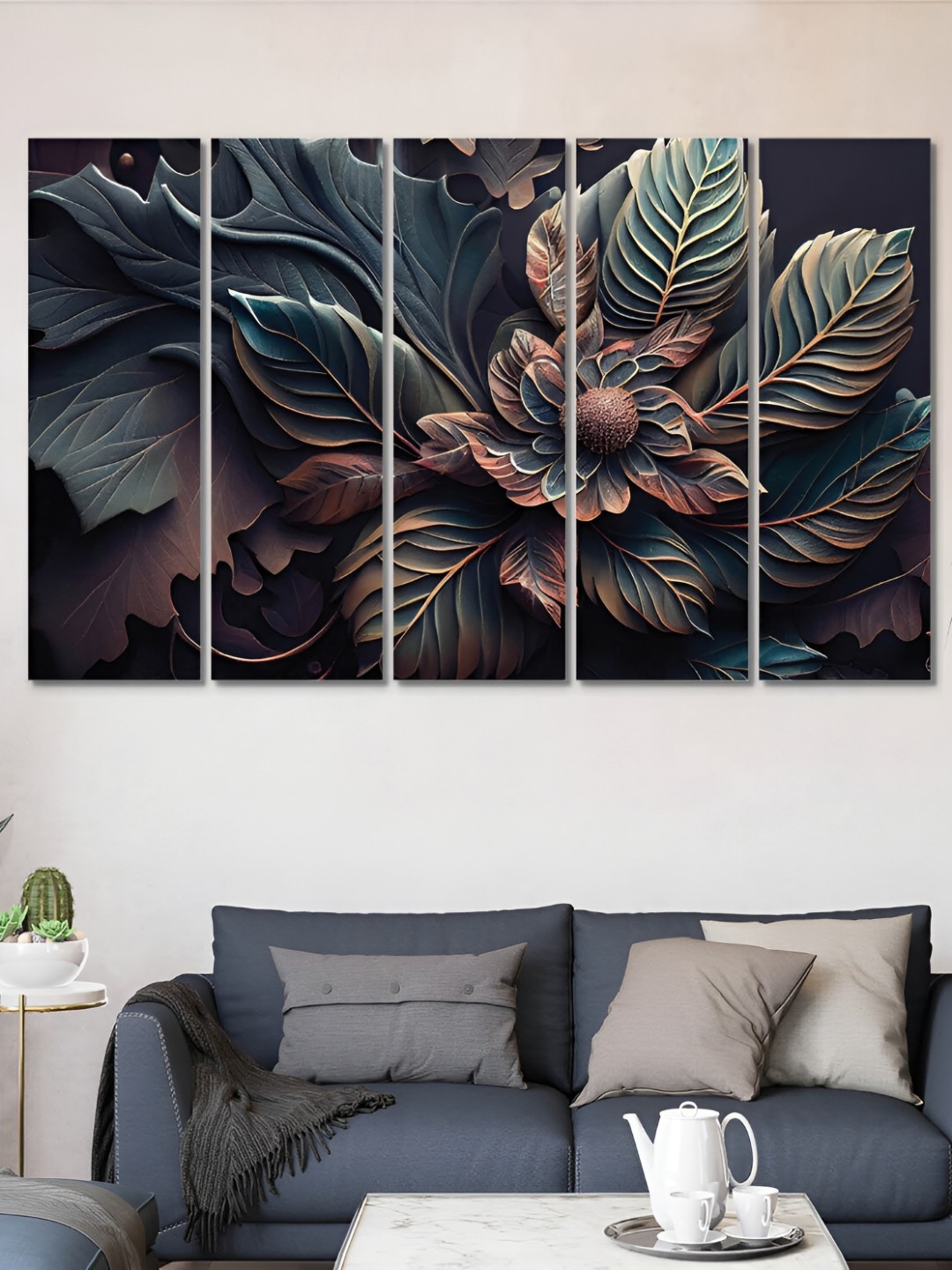 

OLIVE TREE Green & Black 5 Pieces Floral Wooden Painting Wall Arts