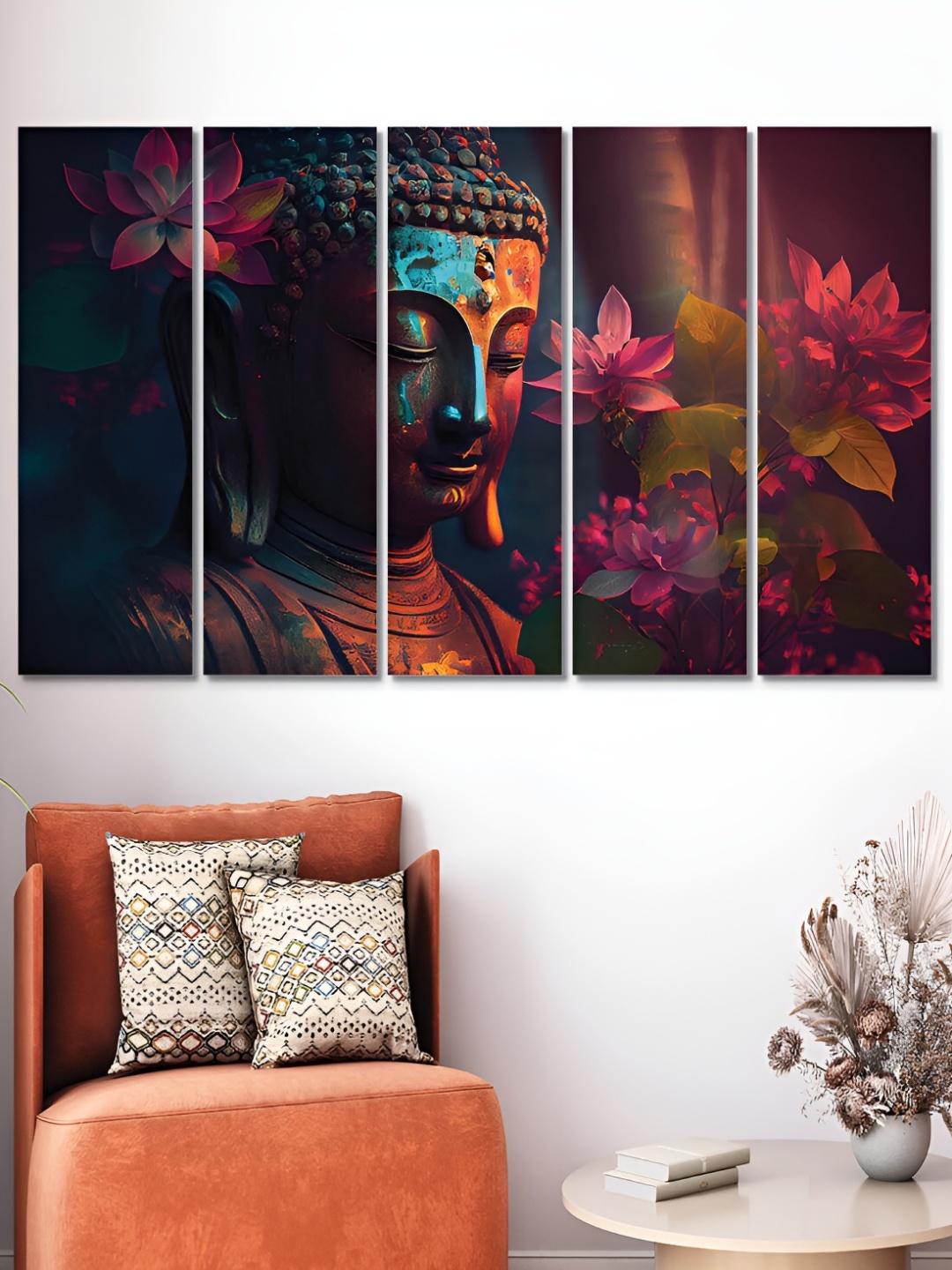

OLIVE TREE Pink & Black 5 Pieces Buddha Religious Wooden Painting Wall Arts