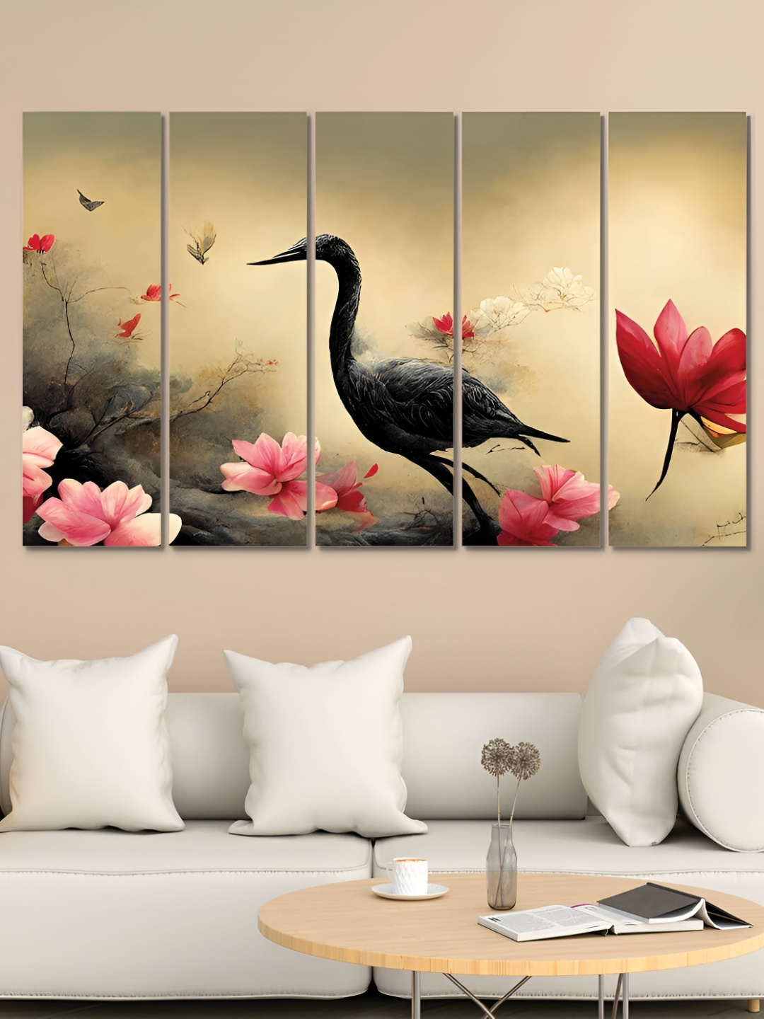 OLIVE TREE Black & Red 5 Pieces Bird Wooden Painting Wall Arts