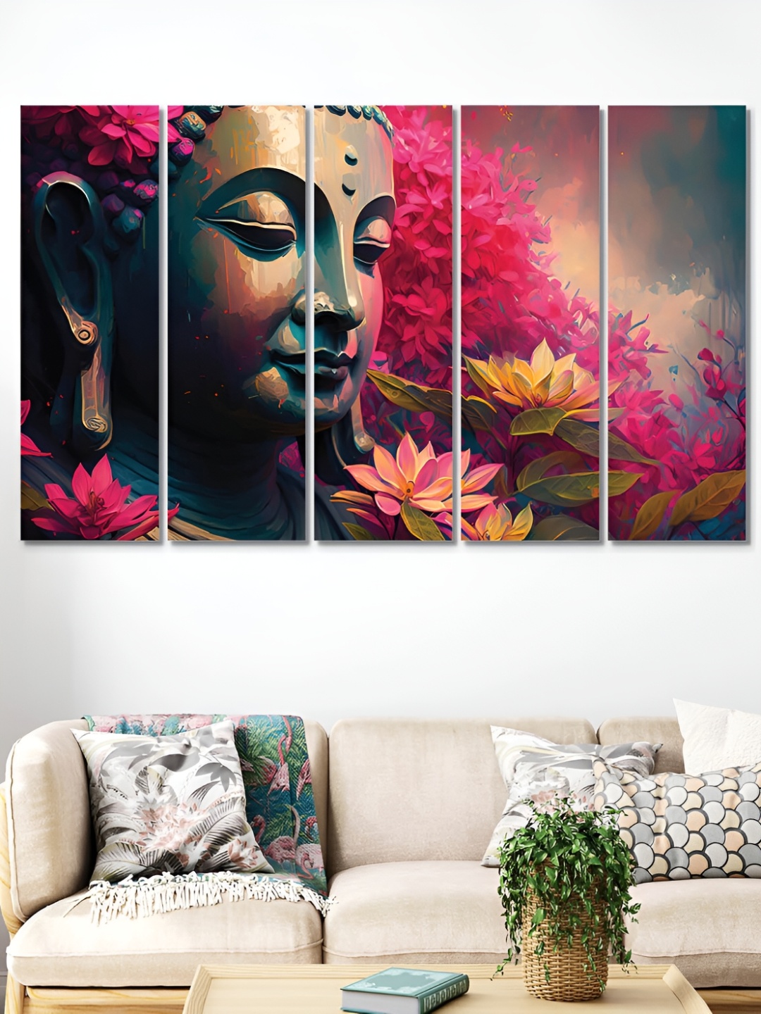 

OLIVE TREE Black & Pink 5 Piece Buddha Religious Wooden Painting Wall Arts