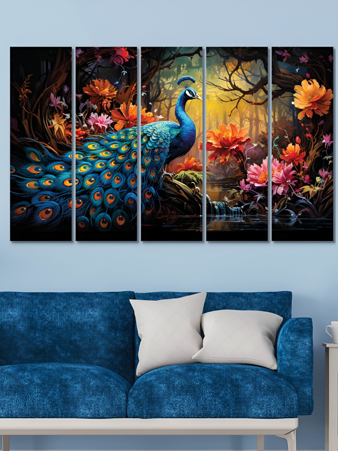 

OLIVE TREE Blue & Pink 5 Pieces Peacock Wooden Painting Wall Arts