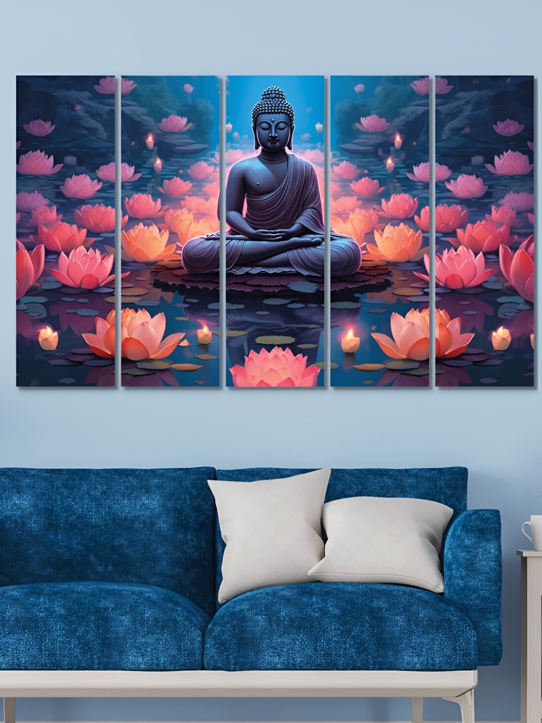 

OLIVE TREE Blue & Red 5 Pieces Buddha Religious Wooden Painting Wall Arts