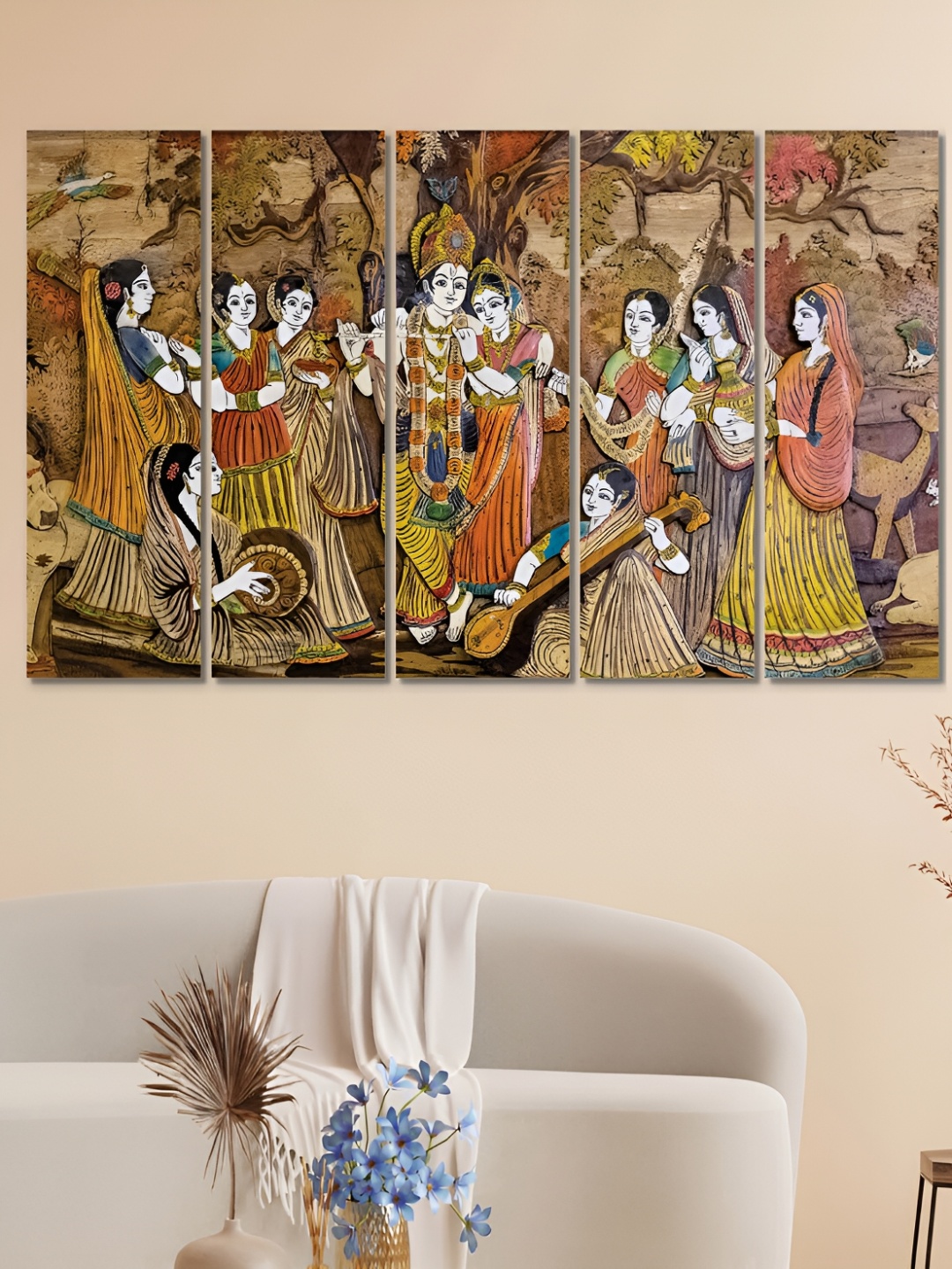 

OLIVE TREE Green & Red 5 Pieces Radha Krishna Religious Wooden Painting Wall Arts