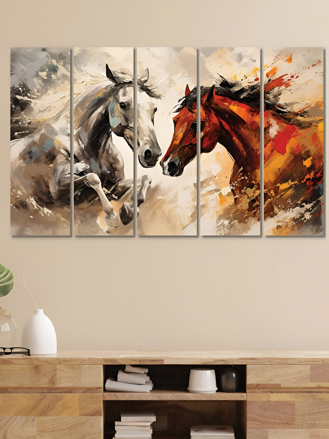 

OLIVE TREE White & Brown 5 Pieces Running Horses Wooden Painting Wall Arts