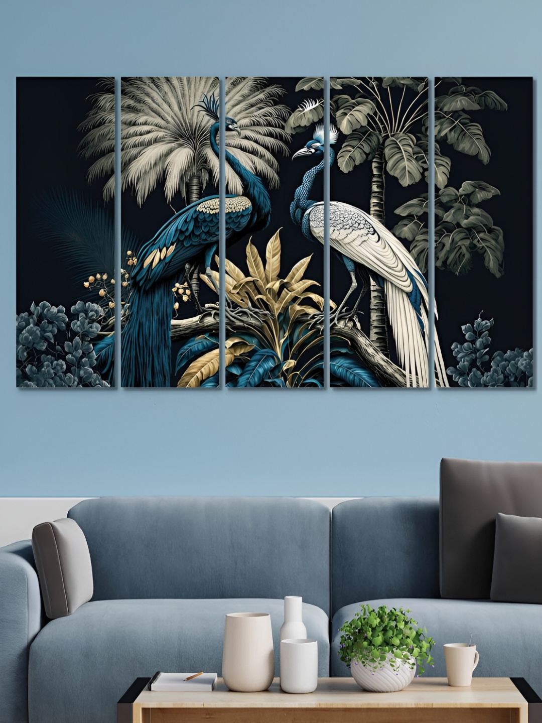 

OLIVE TREE Blue & Beige 5 Pieces Birds and Animals Wooden Painting Wall Arts