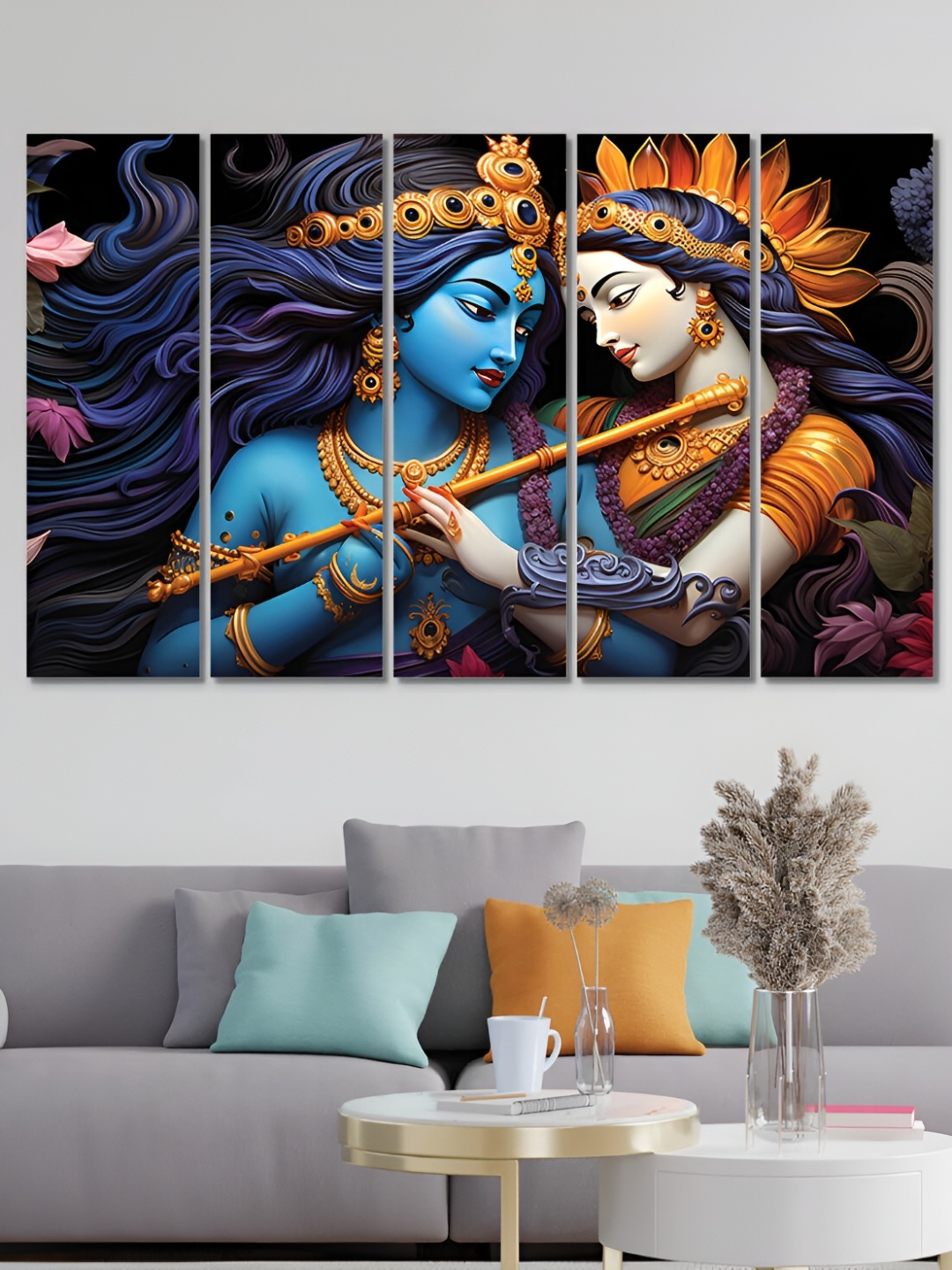 

OLIVE TREE Blue & Brown 5 Pieces Radha Krishna Wooden Painting Wall Arts
