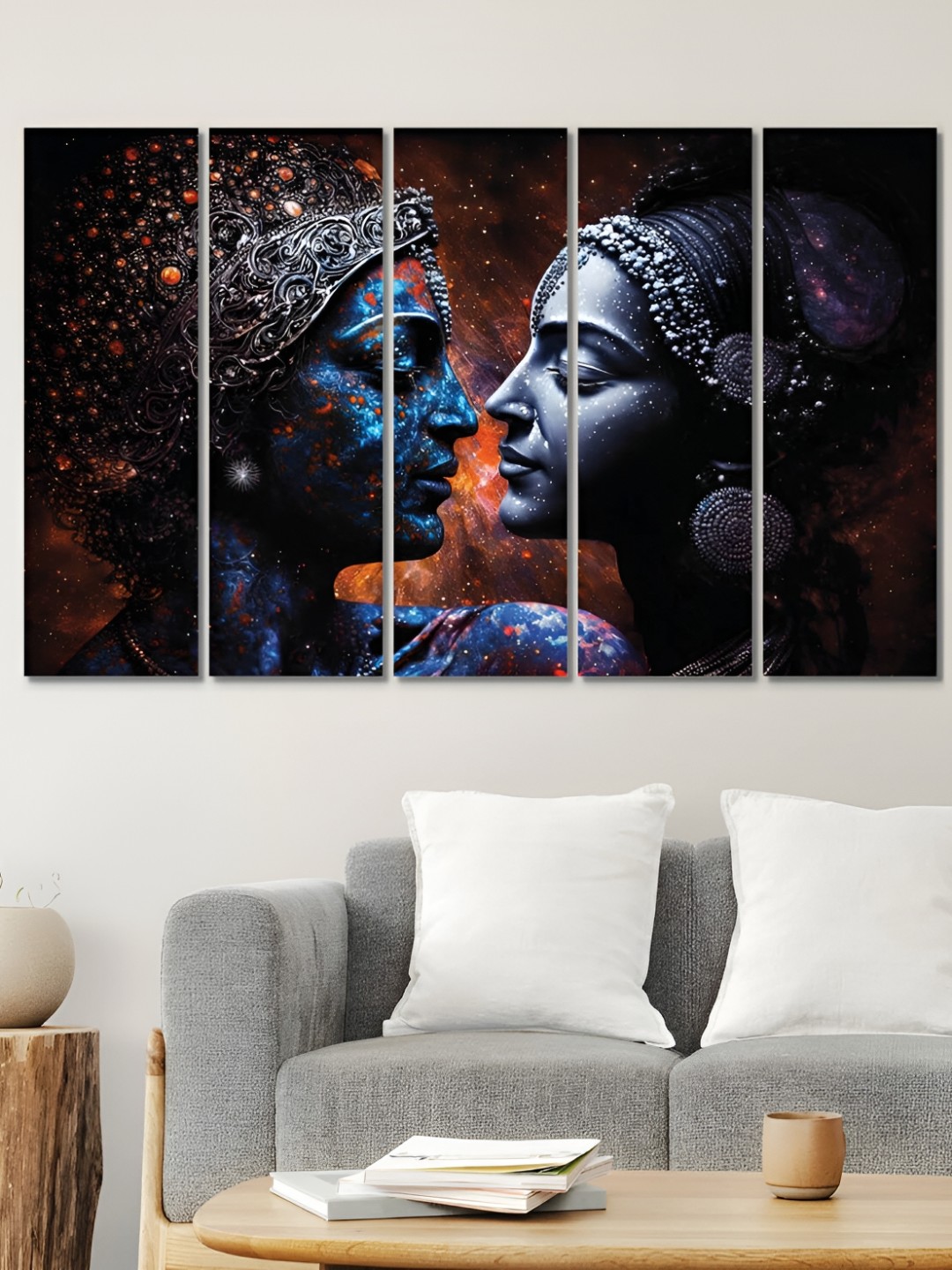 

OLIVE TREE Blue & Black 5 Pieces Canvas Radha Krishna Religious Painting Wall Arts