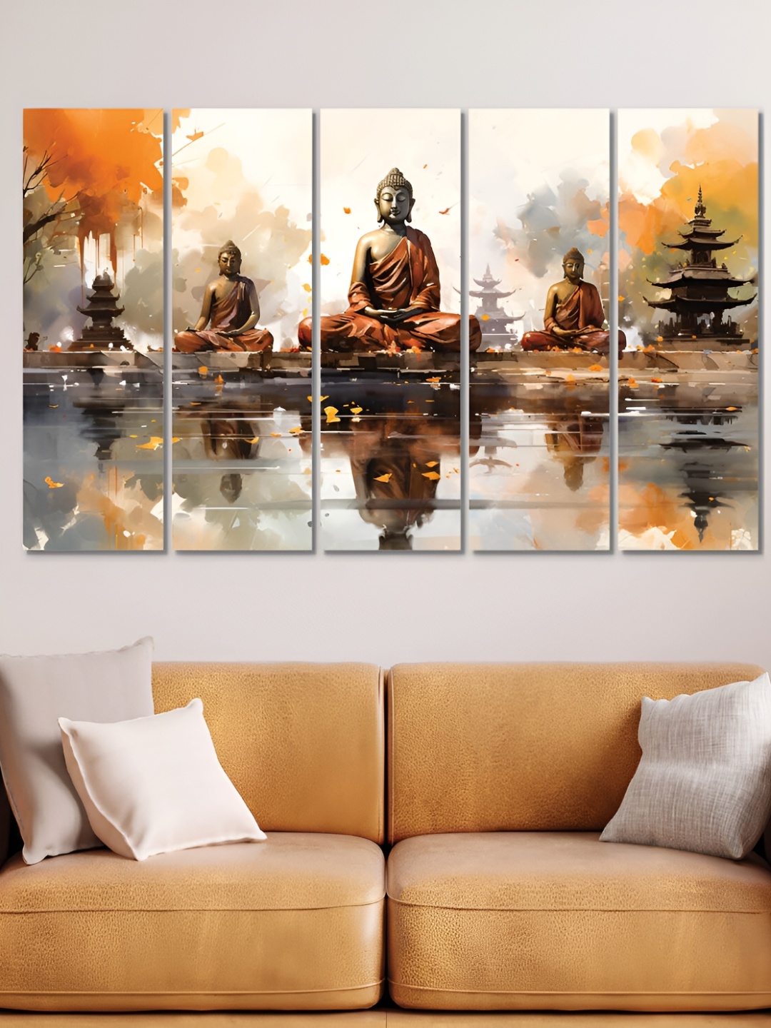 

OLIVE TREE White & Orange 5 Piece Wooden Buddha Religious Painting Wall Arts
