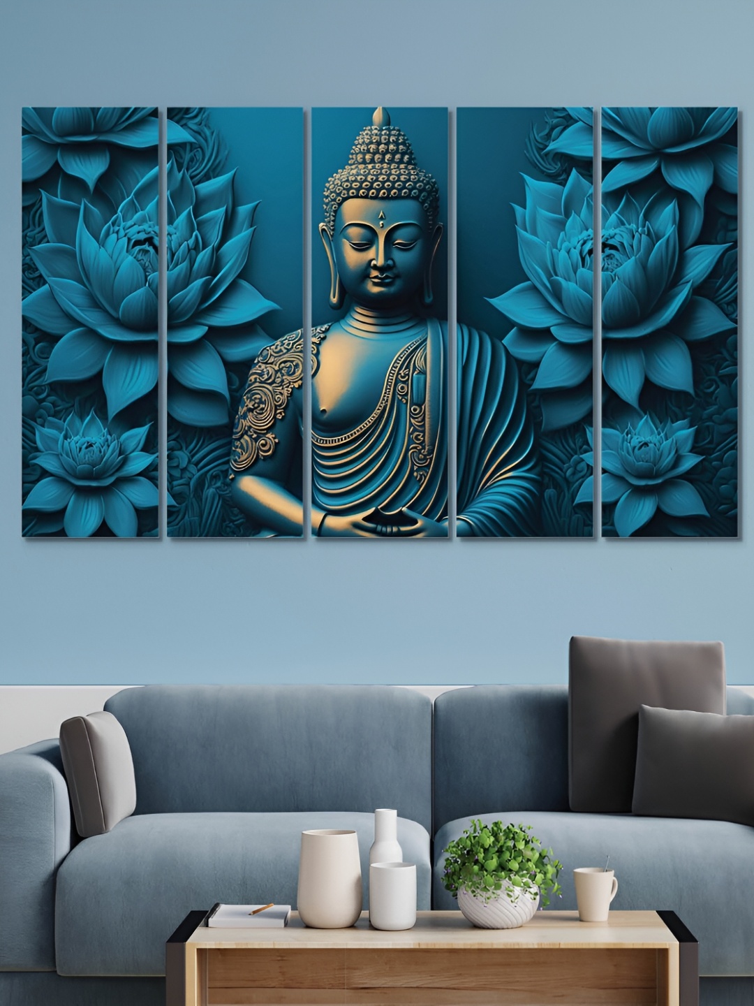 

OLIVE TREE Blue & Gold-Toned 5 Pieces Buddha Religious Wooden Painting Wall Arts