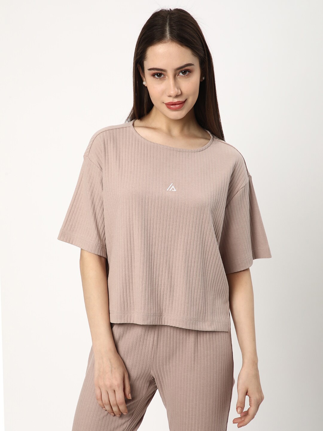 

R&B Round Neck Extended Sleeves Cotton Boxy Top, Pink