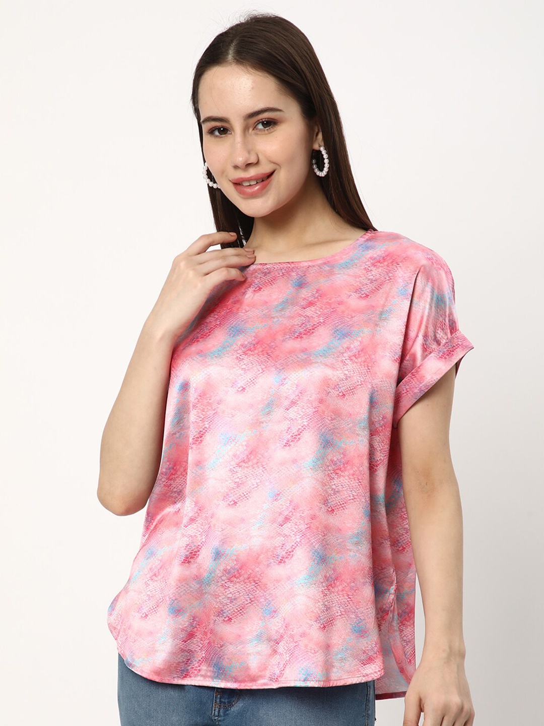 

R&B Round Neck Extended Sleeves Abstract Printed Styled Back Top, Pink