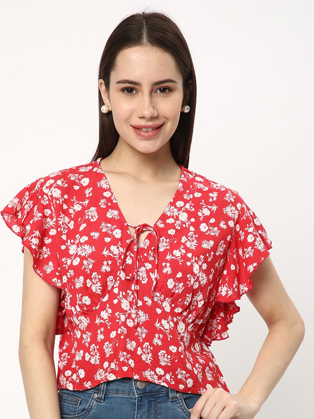 

R&B Floral Print Tie-Up Neck Flutter Viscose Rayon Sleeve Top, Red